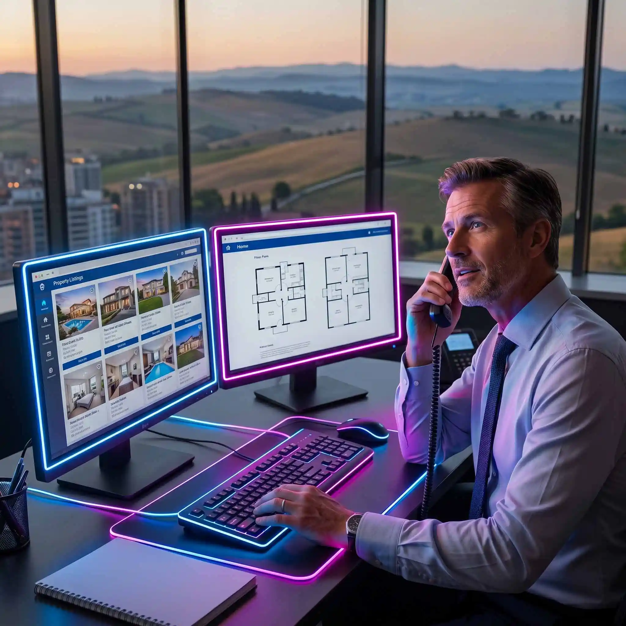 Agente immobiliare lavora al computer, fasci luminosi che rappresentano la fibra ottica professionisti accendono i dispositivi