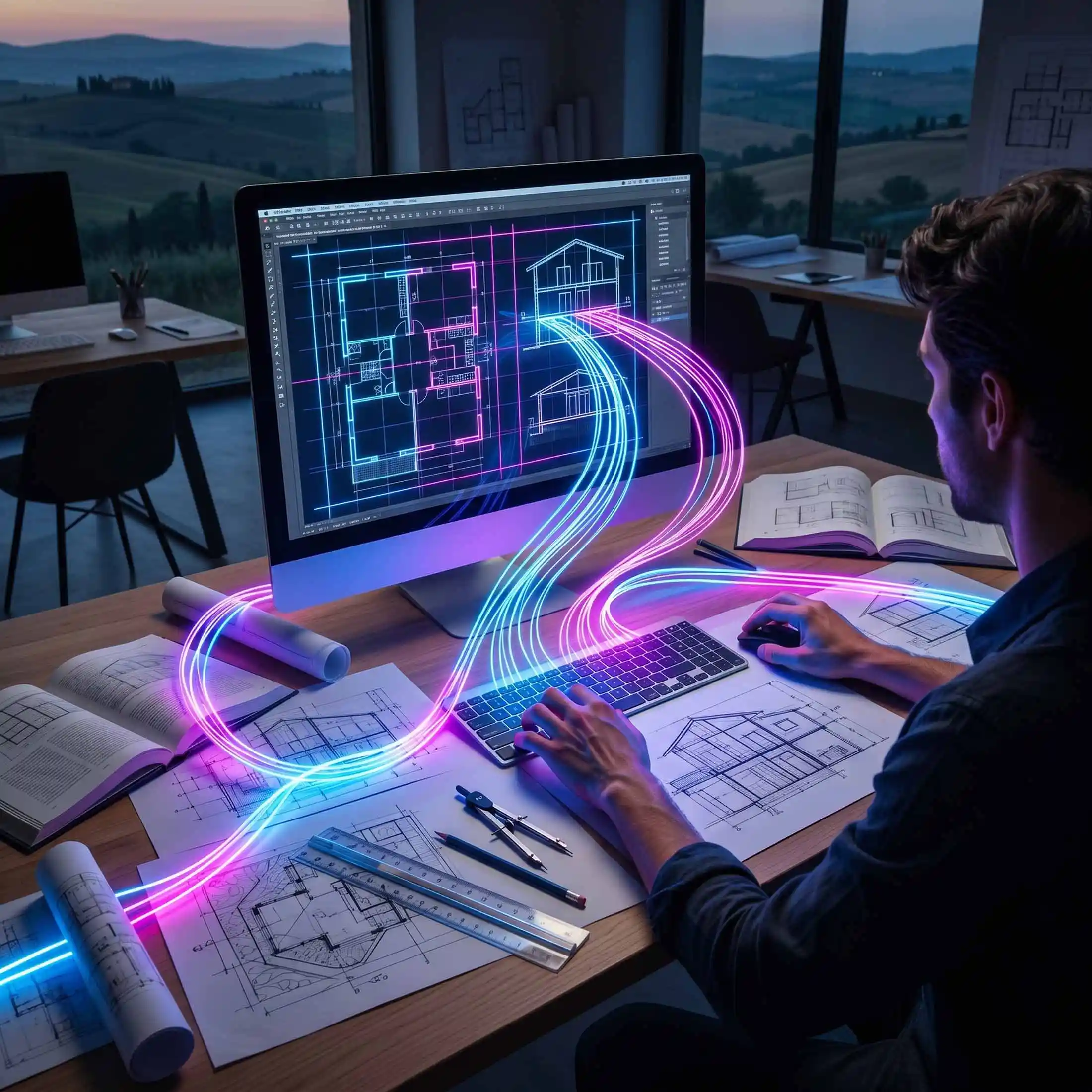 Architetto alla scrivania lavora al computer, fasci luminosi che rappresentano la fibra ottica professionisti accendono i dispositivi