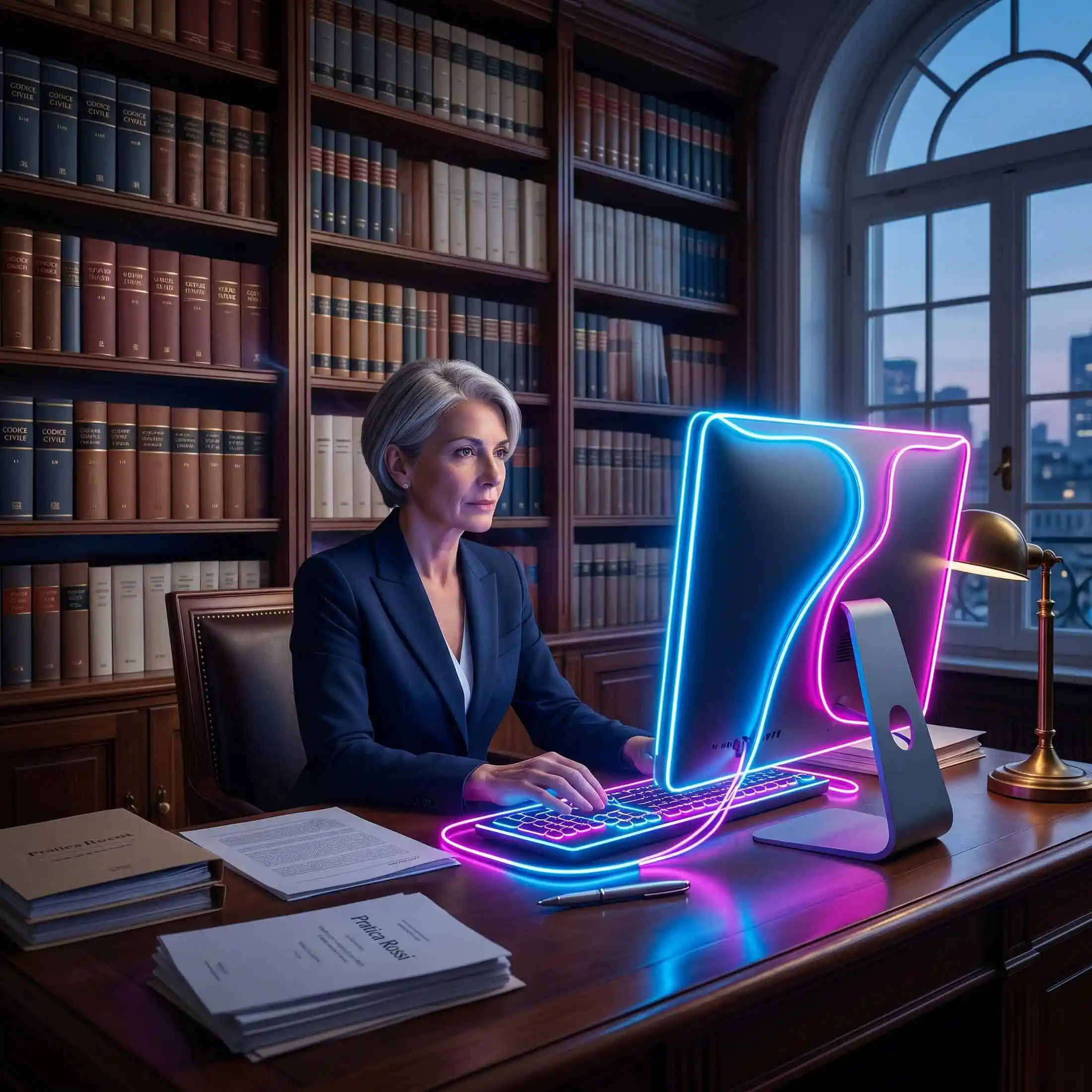 Avvocato alla scrivania lavora al computer, fasci luminosi che rappresentano la fibra ottica professionisti accendono i dispositivi