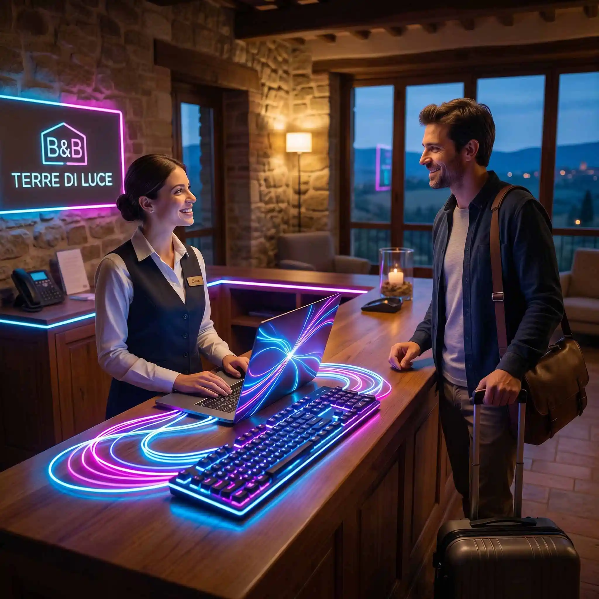 Accoglienza di agriturismo lavora al computer alla registrazione di un ospite, fasci luminosi che rappresentano la fibra ottica professionisti accendono i dispositivi