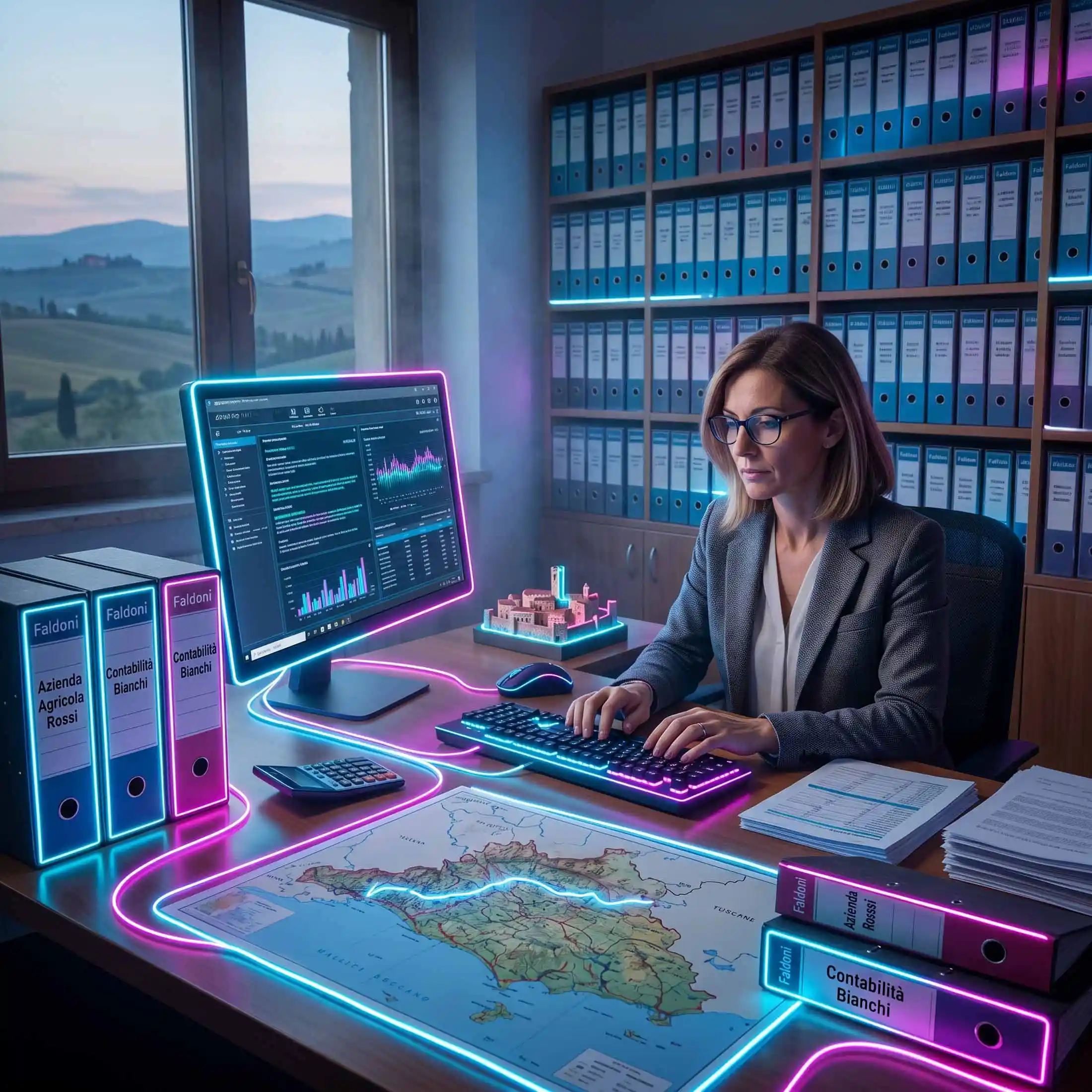 Commercialista lavora al computer nel suo studio, fasci luminosi che rappresentano la fibra ottica professionisti accendono i dispositivi