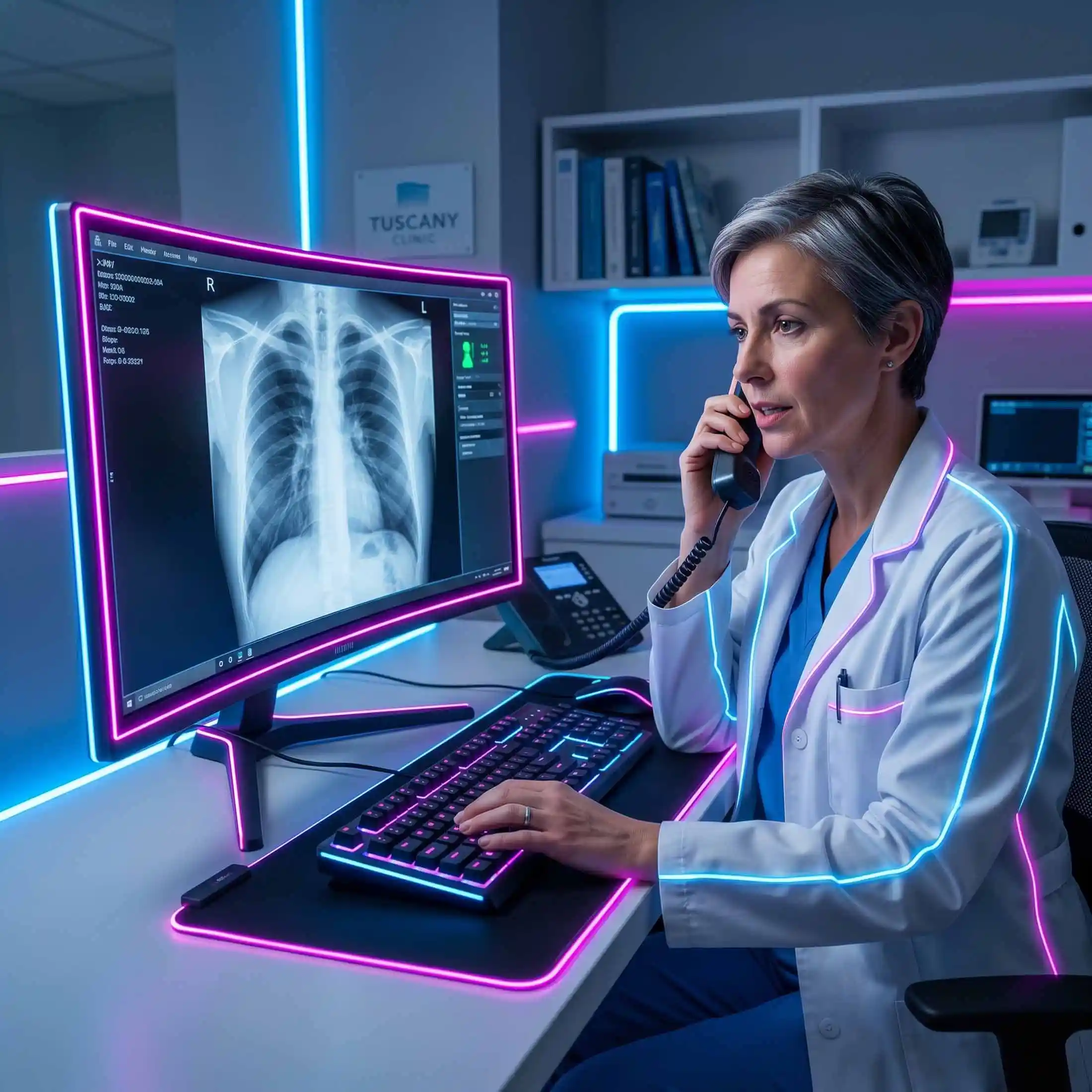 Medico legge un referto sul computer, fasci luminosi che rappresentano la fibra ottica professionisti accendono i dispositivi