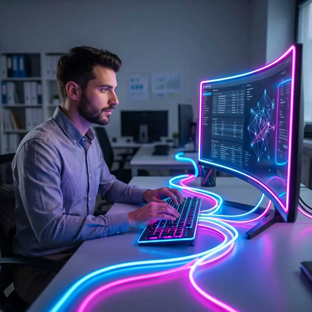 Professionnista lavora al computer, fasci luminosi che rappresentano la fibra ottica professionisti accendono i dispositivi