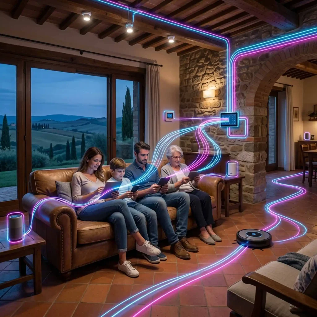 Famiglia sul divano utilizza dispositivi digitali e domotica grazie alla fibra, rappresentata da fasci luminosi