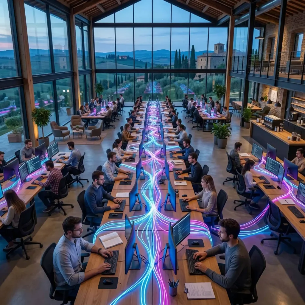 Open space di grande azienda con molte postazioni accese dalla fibra, rappresentata da fasci luminosi